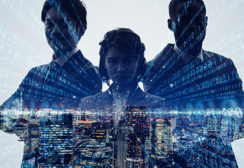 Illustration symbolique de la transformation digitale en entreprise, avec des silhouettes de collaborateurs intégrées à un paysage urbain numérique. Représentation des impacts humains et culturels de la digitalisation : changement des méthodes de travail, rôles et relations internes.